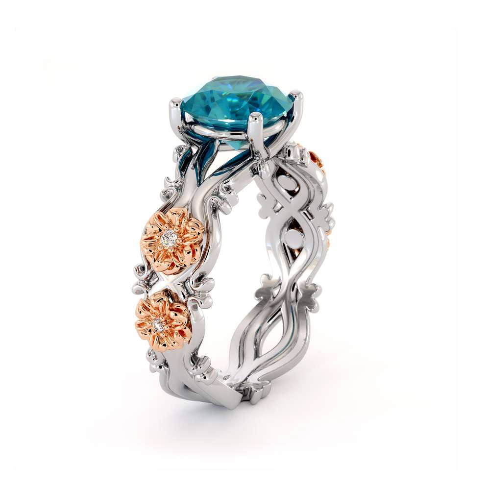 Blue Topaz Engagement Ring 14K White & Rose Gold Ring Leaf Engagement Ring
